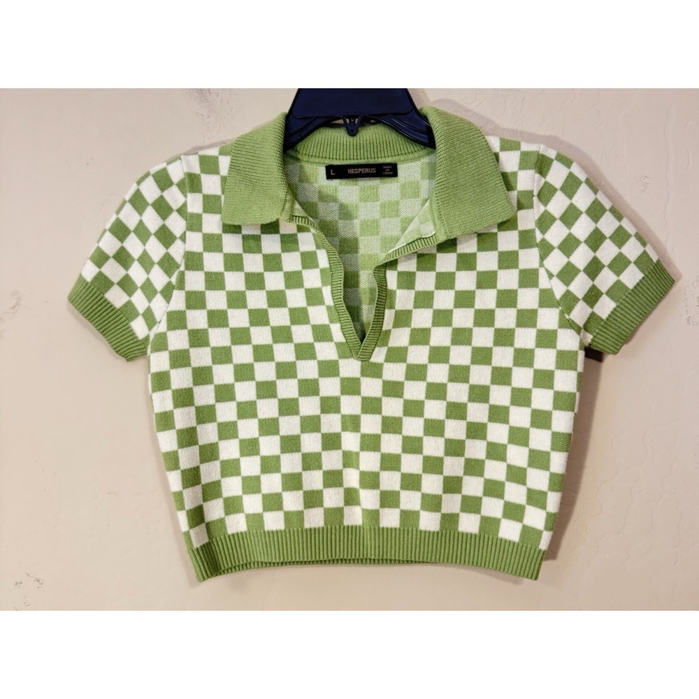 Hesperus Crop Top Sweater Large Green Beige‎ Checkered Collared Blouse Retro Y2K